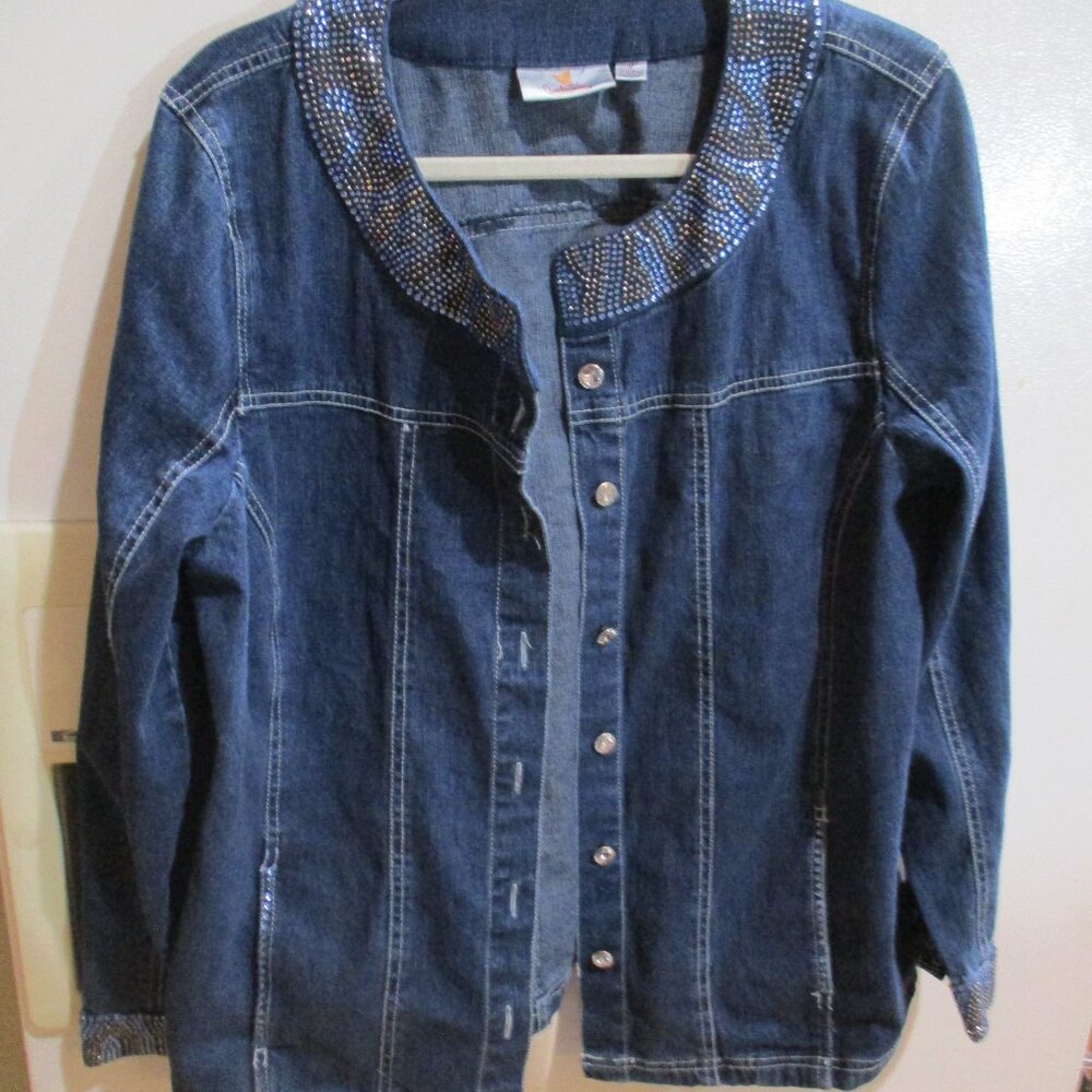 Quacker Factory Denim Jacket Embellished Colored Rhinestone Size Large L blue